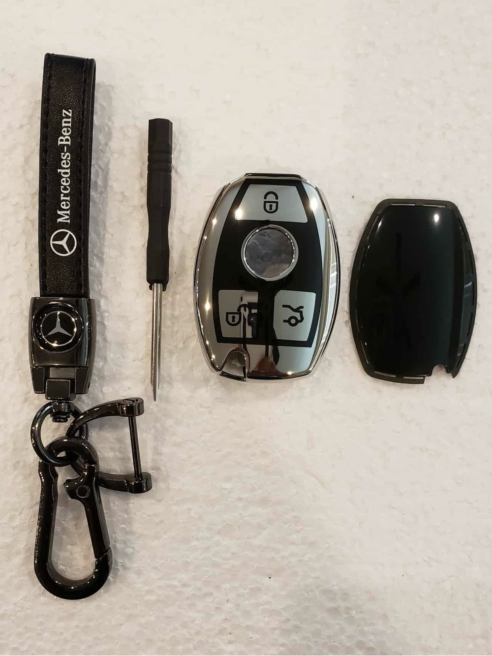 MERCEDES BENZ Black & White Leather Metallic Black Keychain & Car Key Fob Cover